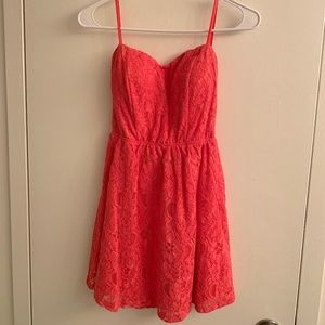 Strapless Lace Open Back Dress, Coral, Small